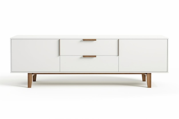 Elegant minimalist white sideboard with sleek design and wooden legs isolated on a white background