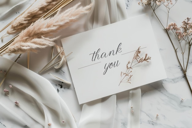 Photo elegant minimalistic card with thank you inscription in soft pastel colors