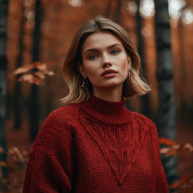 Elegant minimalistic photography 1990s perfect model wearing a crimson jumper red autumn forest b