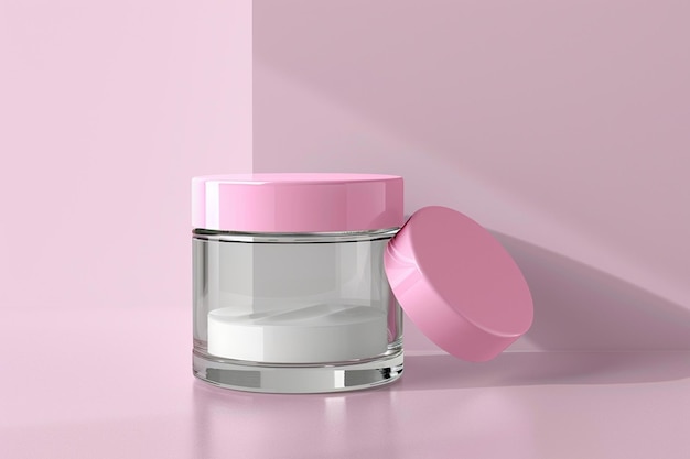 Photo elegant mockup of clear cosmetic jar with pink lid for beauty products