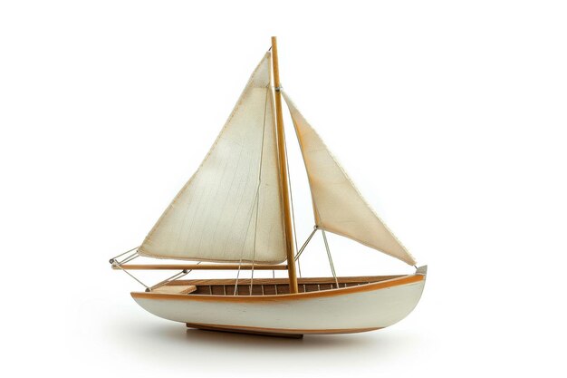 A elegant model sailboat on a white surface showcasing exquisite nautical craftsmanship