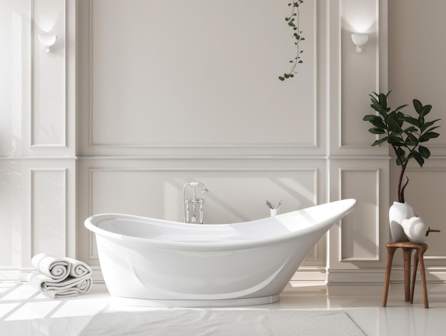 Elegant modern bathroom featuring a freestanding white bathtub and relaxing decor in soft neutral