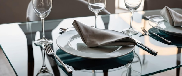 Photo elegant modern dining area featuring a glass table set for a refined meal