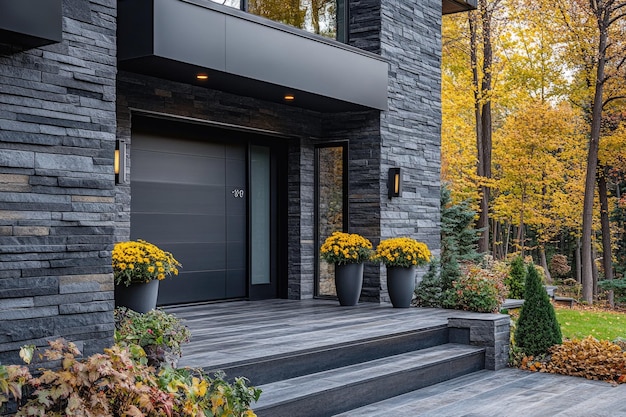 Photo elegant modern home entrance showcasing grey stone walls and vibrant yellow flower pots