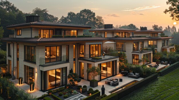 Photo elegant modern homes with lush gardens at sunset in a serene suburb