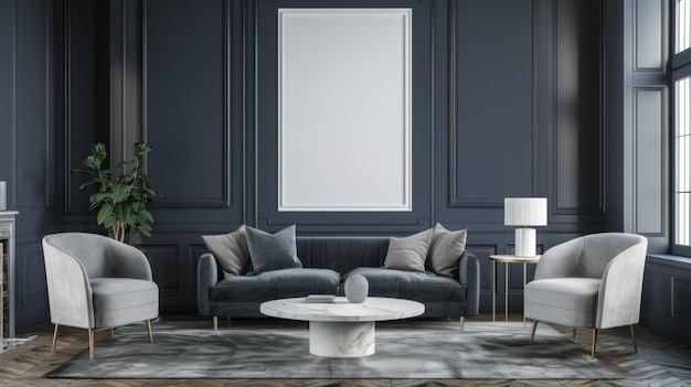 Elegant modern living room interior with dark blue walls and stylish furniture generative ai