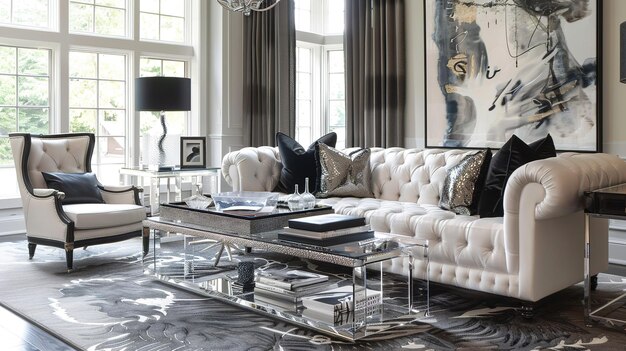 Photo elegant modern living room with white chesterfield sofa and artistic decor in a bright spacious environment