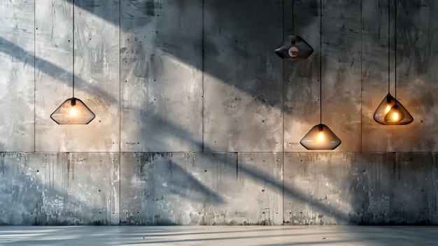 Photo elegant modern pendant lights casting shadows on industrial concrete wall at dusk