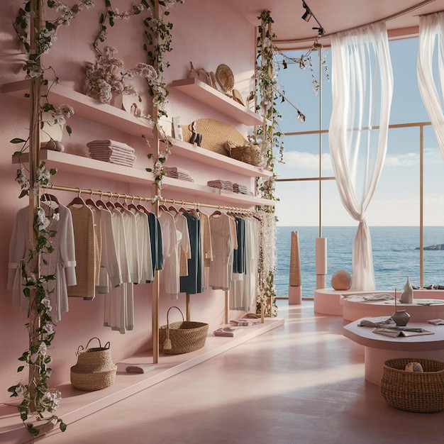 Photo elegant modern store pastel pink interiors and sea views in understated luxury