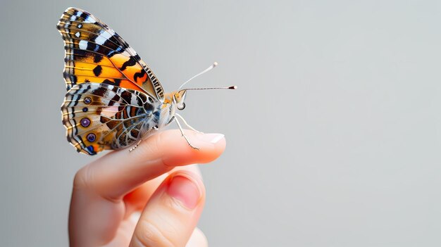 Photo elegant monarch butterfly resting on fingertip