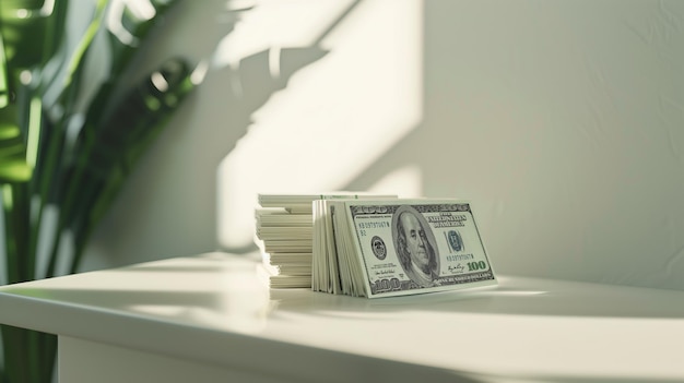 Elegant Money Arrangement in Bright Setting Minimalist Style with a Stack of Hundred Dollar Bills