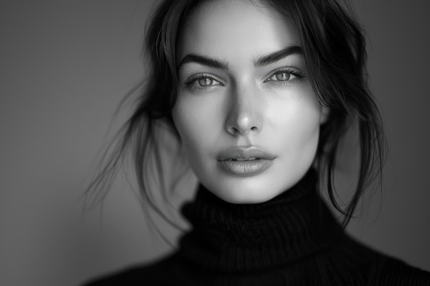 Elegant monochrome portrait of woman in turtleneck with Nikon