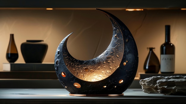 Photo elegant moonshaped decorative lamp illuminating modern interior space during evening ambiance