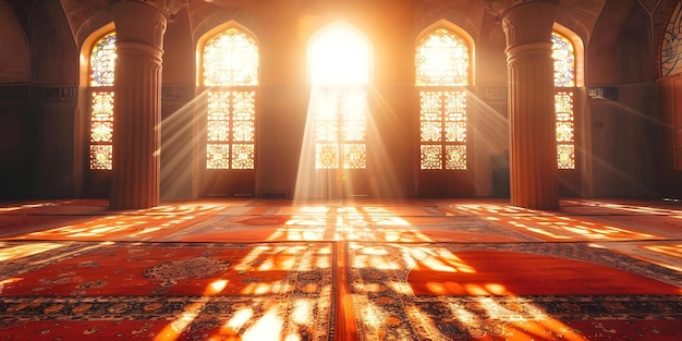 Photo elegant mosque interior illuminated by sunlight carpets and decorative lamps concept mosque interior sunlight carpets decorative lamps elegance