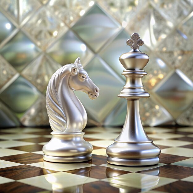 Photo elegant mother of pearl chess pieces against a shimmering background generative ai