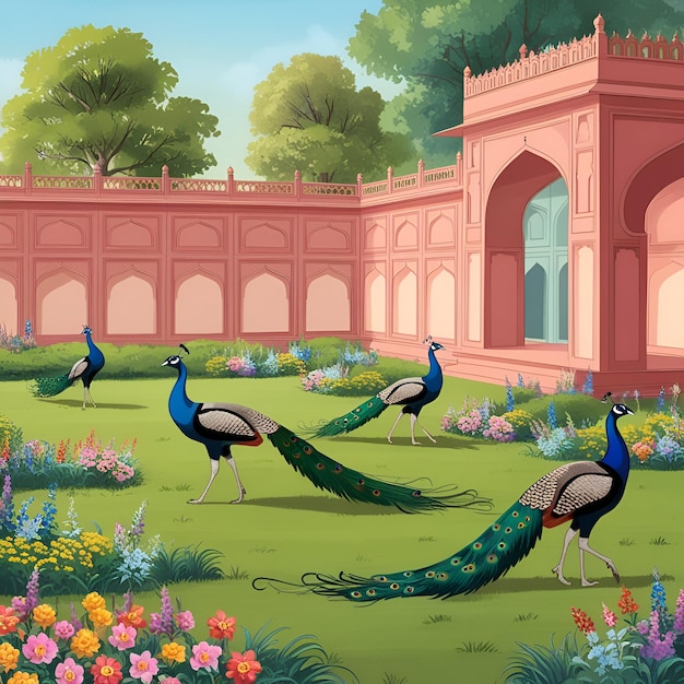 Photo elegant mughal garden illustration a blend of nature and royalty in artistic design