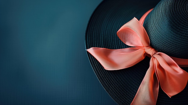 Elegant navy blue hat adorned with a soft coral ribbon a statement of sophistication and style