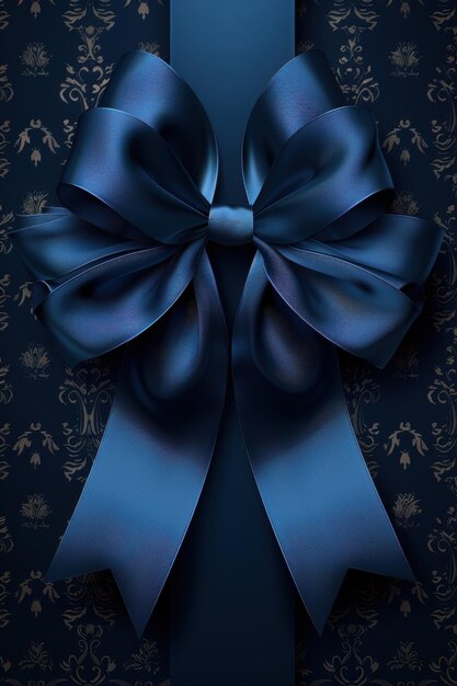 Photo elegant navy blue satin bow on damask background