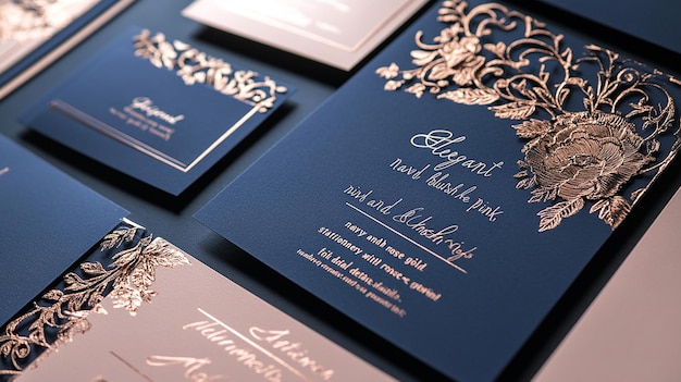 Photo elegant navy and rose gold wedding stationery suite