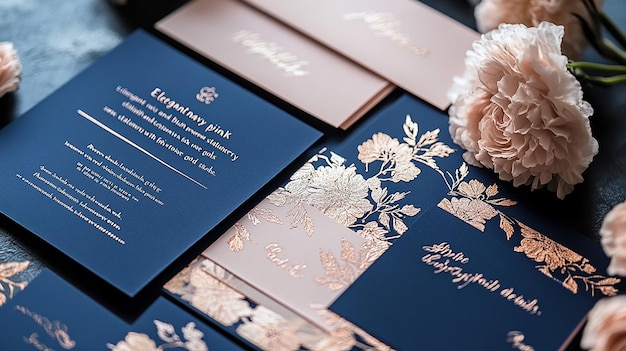 Photo elegant navy and rose gold wedding stationery suite