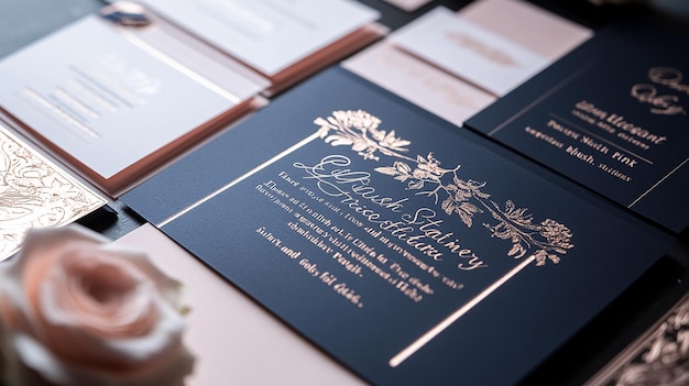 Photo elegant navy and rose gold wedding stationery suite