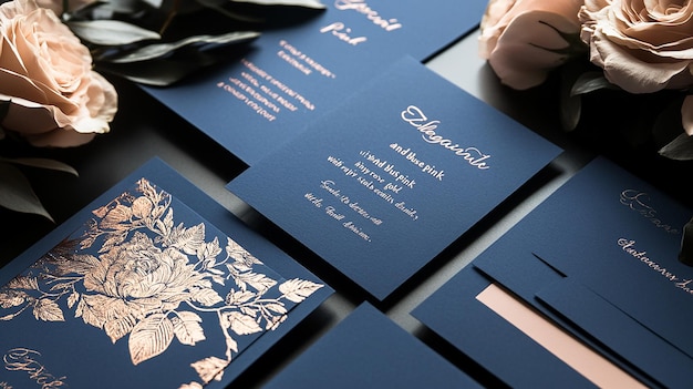 Photo elegant navy and rose gold wedding stationery suite