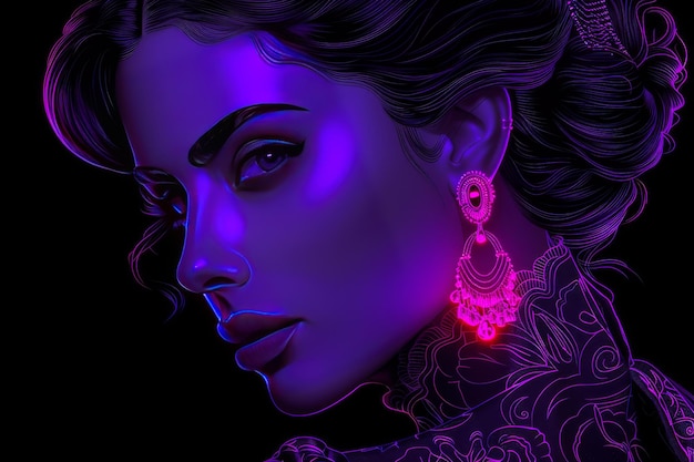 Photo elegant neon portrait of a woman with intricate jewelry set against a dark background capturing sop