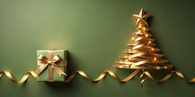 Elegant New Year Card with Golden Ribbon Christmas Tree and Gift Box on Olive Background