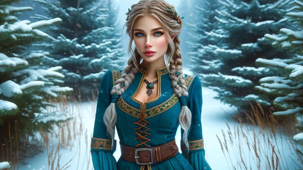 Elegant Nordic Princess in Teal Gown Amidst Snowy Forest