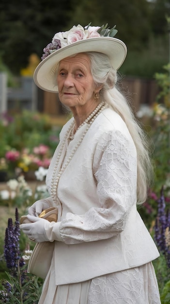 Photo elegant old woman wearing white clothes