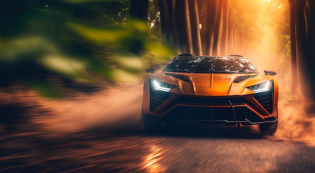 Elegant orange Car in Road in the jungle golden hour modern car generative AI