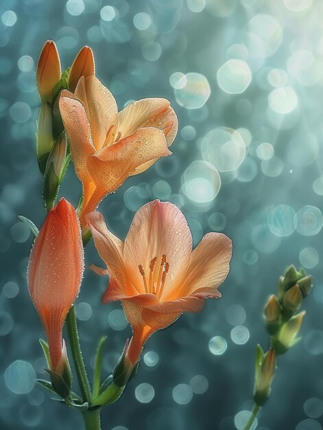 Photo elegant orange flowers in soft focus with dewdrops and bokeh background