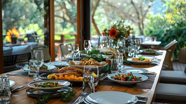 Elegant outdoor dining table set for a festive meal featuring plates glasses and various dishes