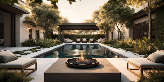 An elegant outdoor living space featuring a pool and lounge area showcasing a sophisticated design and comfortable ambiance