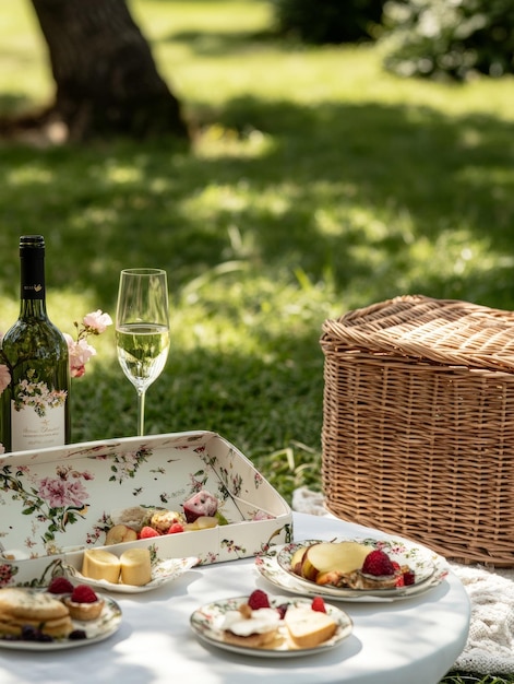 Elegant Outdoor Picnic Spread with Wine Cheese and Fresh Produce in Scenic Countryside Setting