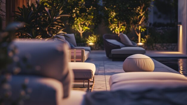 Photo an elegant outdoor seating area at dusk featuring plush cushions ambient lighting and lush greenery creating a cozy and inviting atmosphere