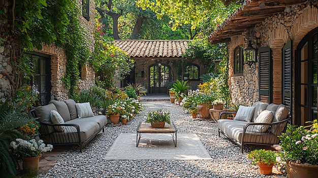 Photo elegant outdoor seating area with wrought iron furniture and lanterns in a mediterranean courtyard