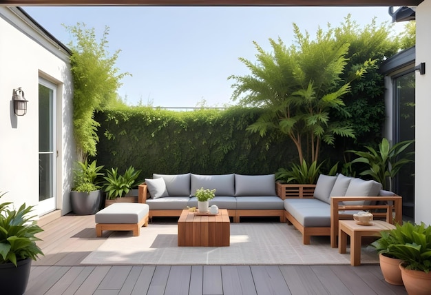 Elegant outdoor seating set with wicker furniture and white cushions surrounded by lush greenery