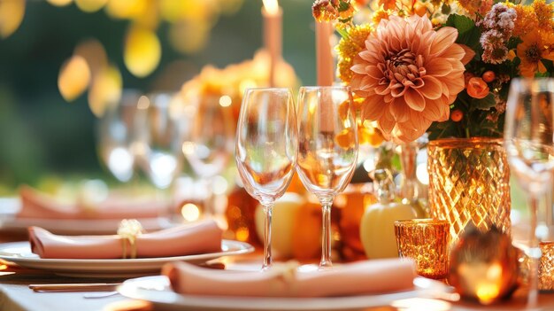 Photo elegant outdoor table setting with floral decor and glassware at sunset