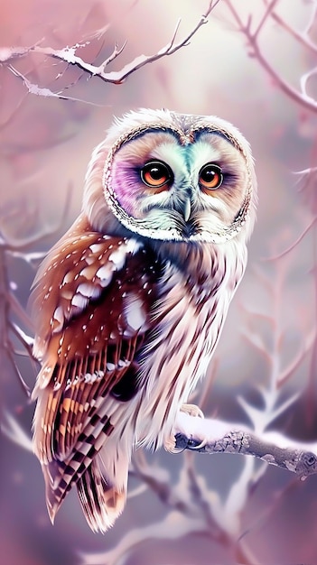 elegant owl perched on a white tree branch