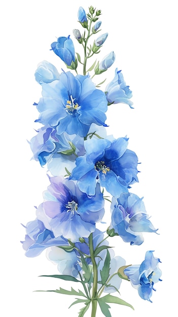 Elegant painting of blue delphinium flowers in full bloom showcasing delicate petals and greenery