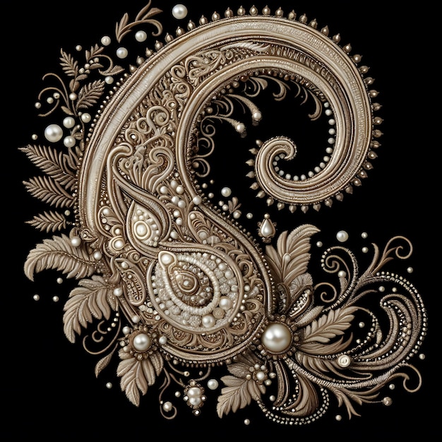 Elegant Paisley Embroidery Design with Intricate Leaf Motif Microstock Illustration