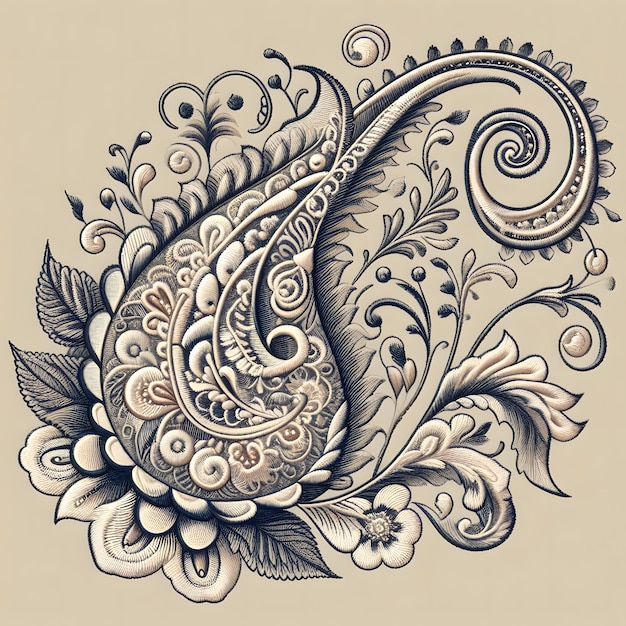 Elegant Paisley Embroidery Design with Intricate Leaf Motif Microstock Illustration