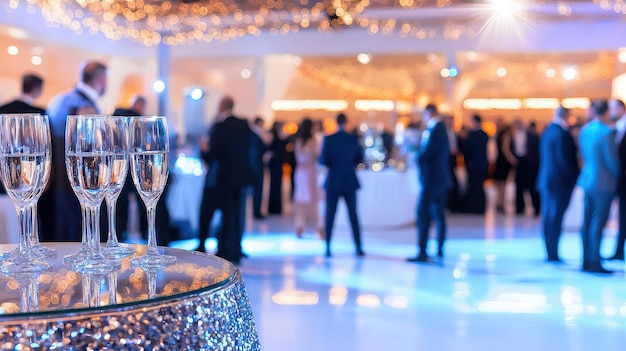 Photo elegant party reception with champagne flutes and blurred guests