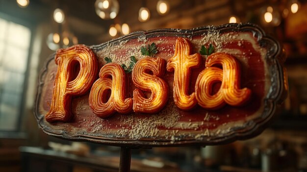 Elegant pasta signage showcasing the deliciousness of Italian cuisine in a cozy restaurant