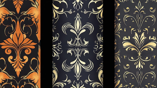 Photo elegant patterned textiles featuring gold and orange designs on a dark background