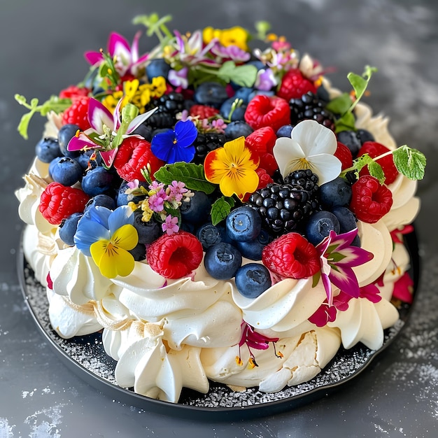 Elegant Pavlova A Delightful Meringue Dessert Topped with Fresh Fruits and Whipped Cream