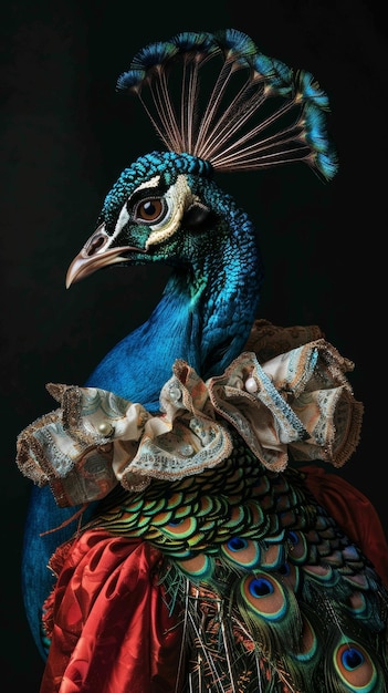 Photo elegant peacock in ornate clothing dark background artistic wildlife portrait