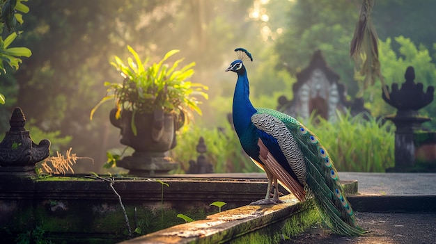 An elegant peacock standing in an ancient overgrown garden at dawn