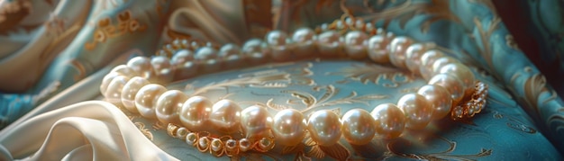 Photo elegant pearl necklace on luxurious fabric a pristine pearl necklace laid across richly patterned turquoise fabric symbolizing sophistication and wealth